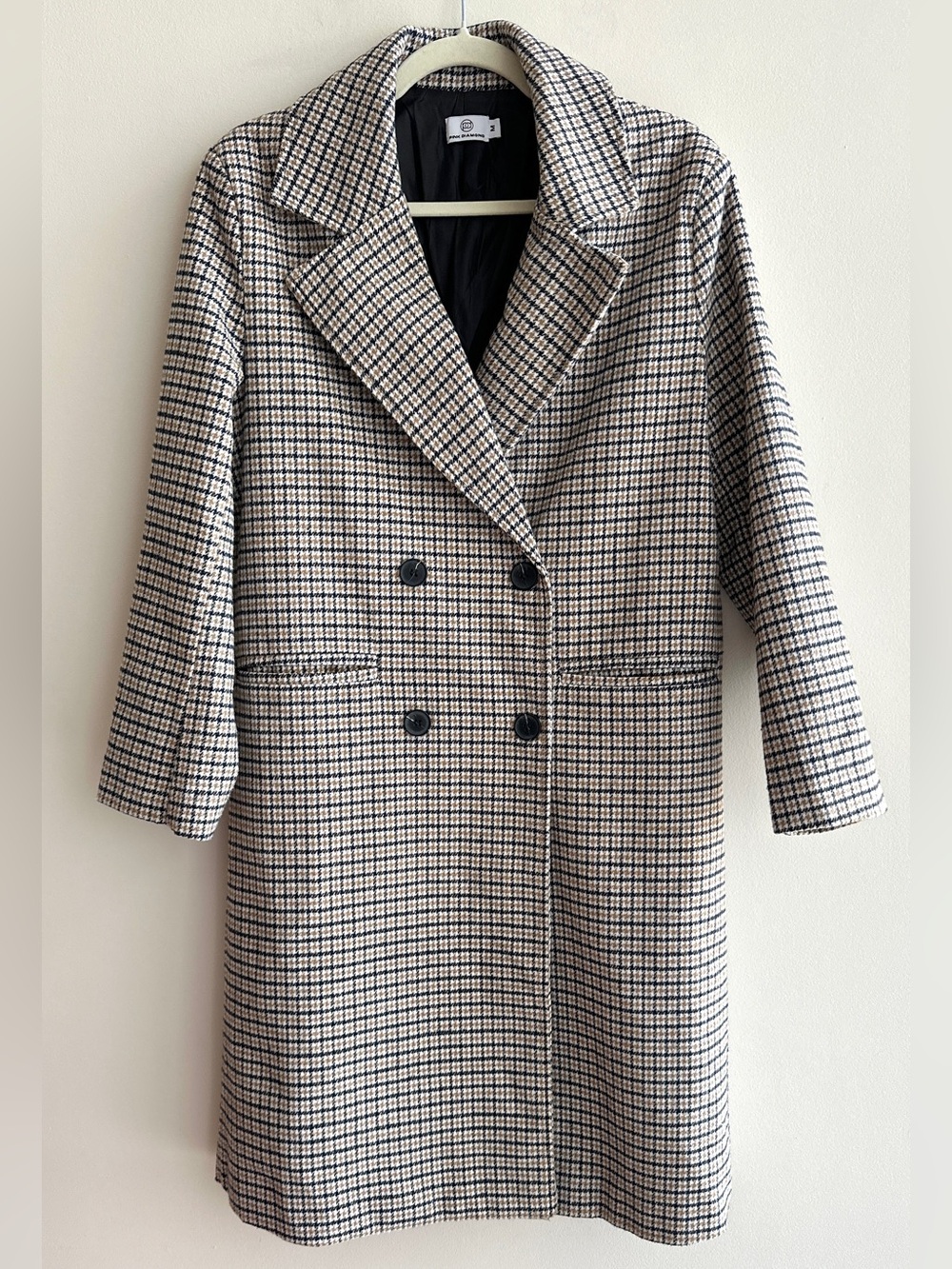 Pink Diamond Women’s Houndstooth Overcoat, Black/White/Gold, Size Medium